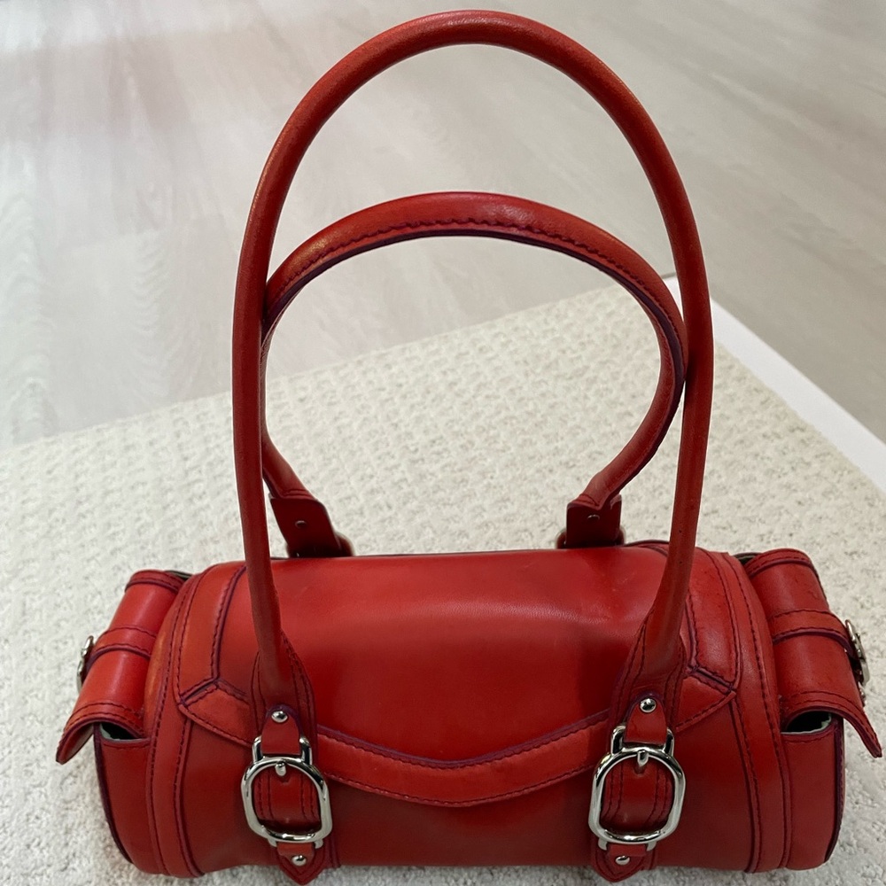 Red Leather Barrel Satchel Handbag - Unbranded